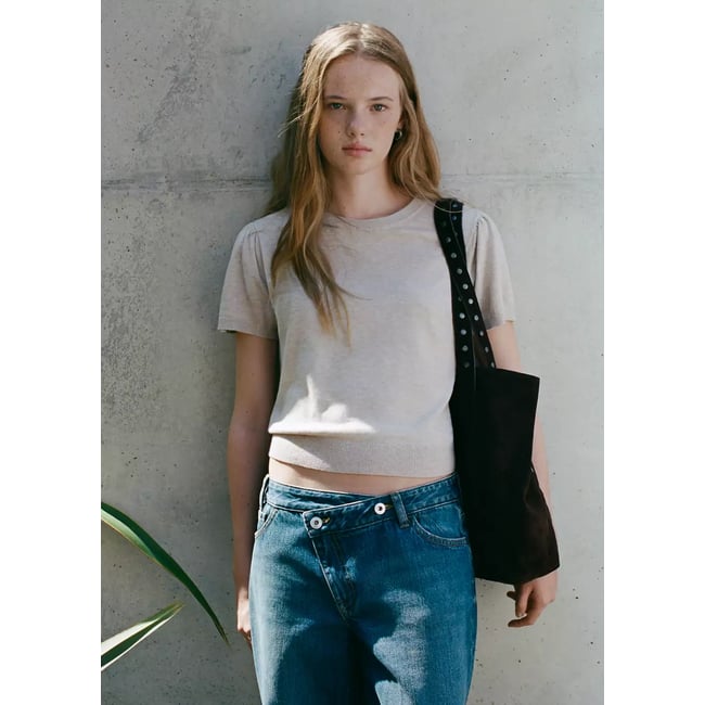 Pull en maille à manches courtes sable <span itemprop=