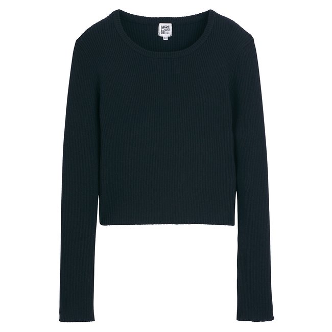 Slim Fit Jumper in Finely Ribbed Knit with Crew Neck, black, LA REDOUTE COLLECTIONS