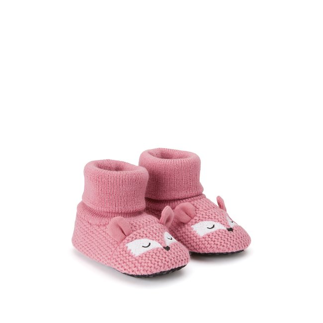 Chaussons à enfiler en tricot tête de renard vieux rose <span itemprop=