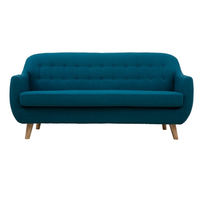 Canapé scandinave déhoussable 3 places en tissu et pieds bois YNOK Couleur bleu canard <span itemprop=