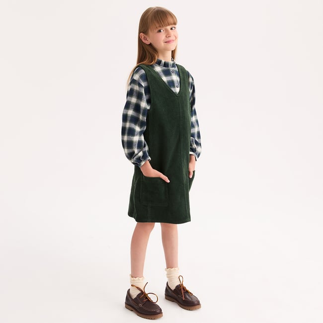 Robe droite, col V, sans manches, en velours côtelé vert <span itemprop=