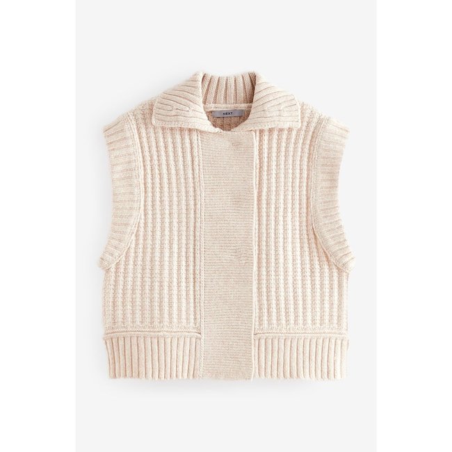 Veste sans manches boutonnée en maille blanc ecru <span itemprop=