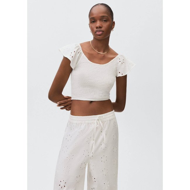 Pantalon droit brodé blanc cassé <span itemprop=
