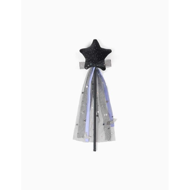 Baguette magique d'Halloween avec étoile en velours et nœud en tulle noir <span itemprop=