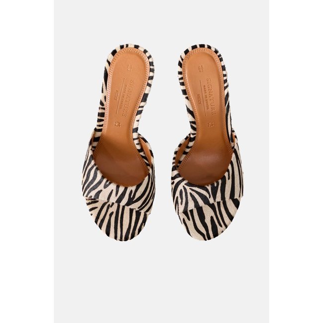 Mules en cuir et daim premium à bout ouvert zèbre <span itemprop=