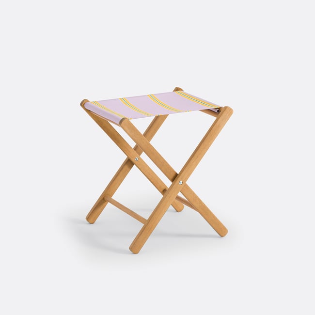 Tabouret producteur acacia et toile, pliable, Veniza rayé violet <span itemprop=