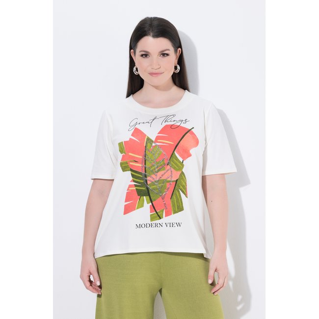 T-shirt avec imprimé feuilles de palmier blanc cassé <span itemprop=