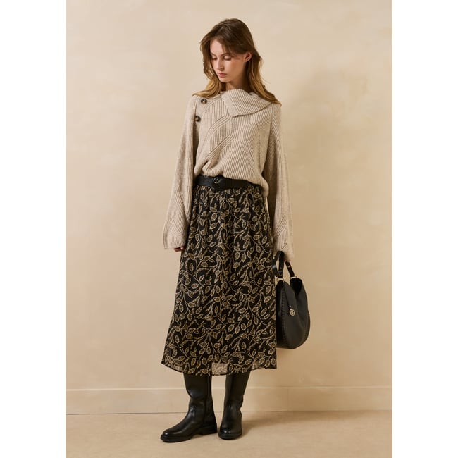 Jupe midi trapèze en voile à imprimé noir/ecru <span itemprop=