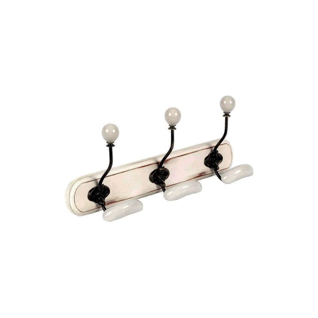 Patère en bois blanc et céramique 3 crochets Couleur blanc <span itemprop=
