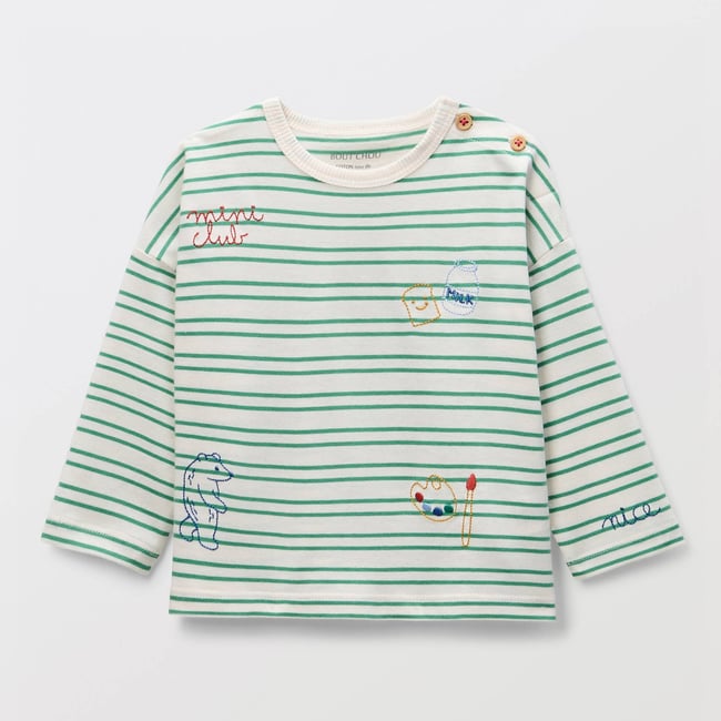 T-shirt manches longues rayé et imprimé en coton BIO GOTS naturel <span itemprop=