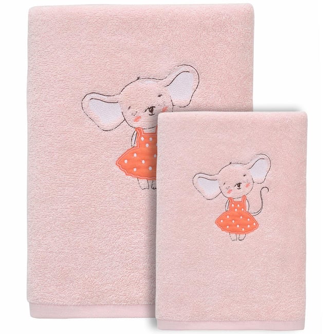 Ensemble enfant 1 serviette de toilette + 1 drap de bain MOUSE TITINE poudre <span itemprop=