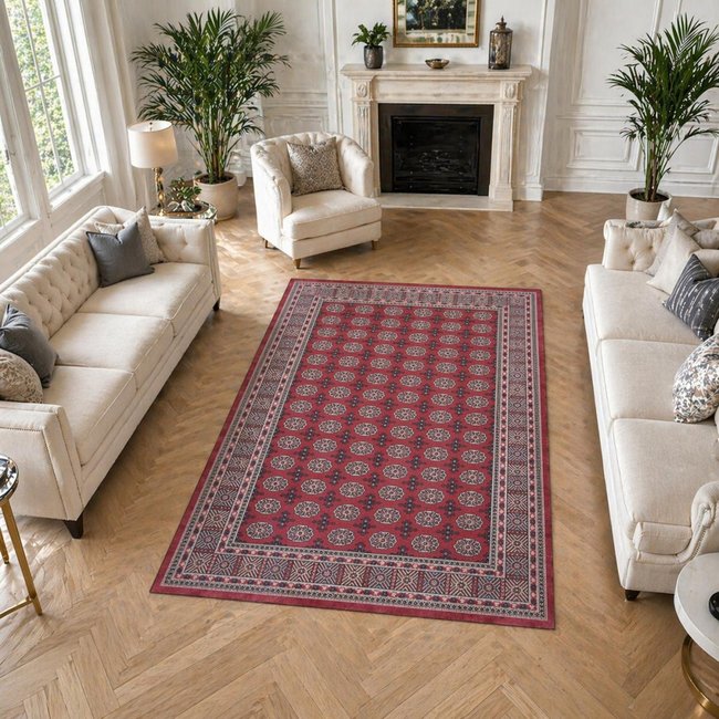 Tapis d'orient au motif oriental, style kilim, LYN11 RUBIS Couleur rouge, blanc, bleu <span itemprop=