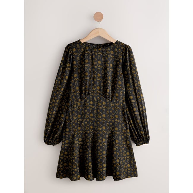 Robe courte évasée manches longues surpiquée impression croissant noir <span itemprop=