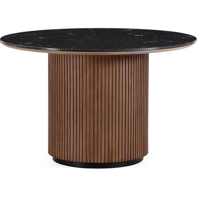 Table à manger ronde en orme et marbre Couleur noyer, noir marquina et noir mat <span itemprop=