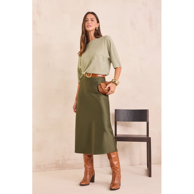 Jupe midi satinée ORIA kaki <span itemprop=