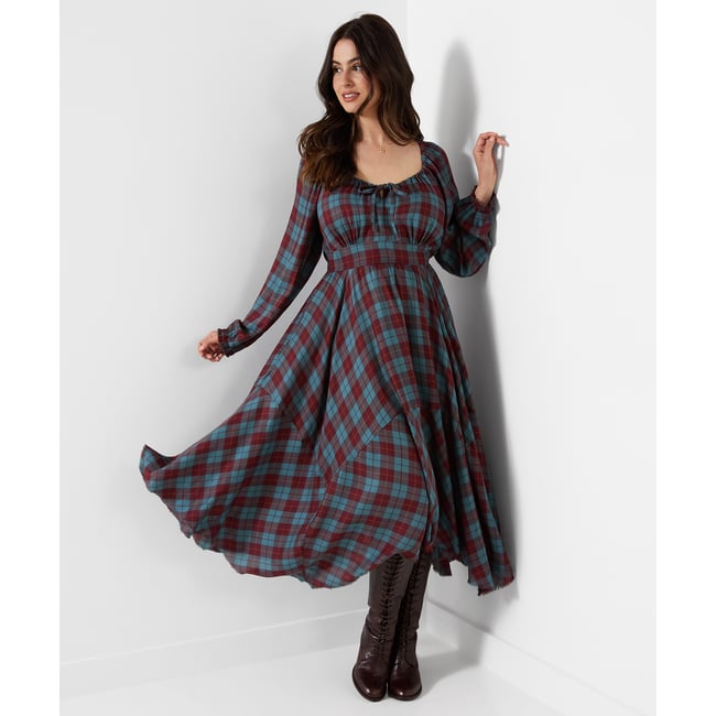 Robe Longue à Carreaux et Ourlet Plongeant Daphne bleu <span itemprop=