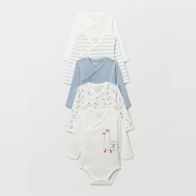 Lot de 5 bodies manches longues imprimé en coton BIO GOTS ecru <span itemprop=