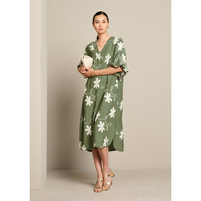 Robe caftan brodée khaki <span itemprop=