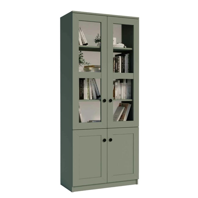 Bibliothèque vitrine vert sauge 4 portes MARFA Couleur vert <span itemprop=