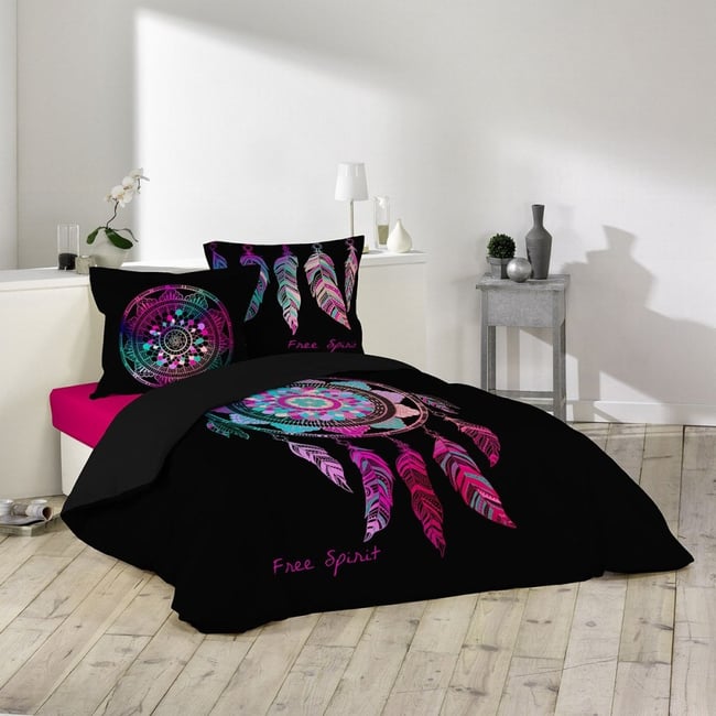 Housse De Couette 240x260 Porte Bonheur 100% Coton noir <span itemprop=