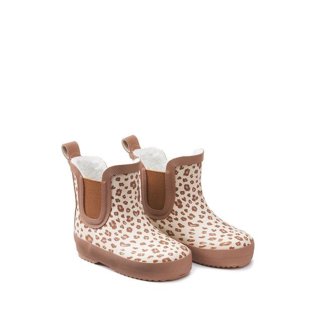 Bottes de pluie élastiquées, motif léopard beige/taupe <span itemprop=