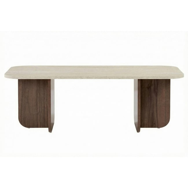Table basse design organique décor travertin et noyer MARFA Couleur beige <span itemprop=