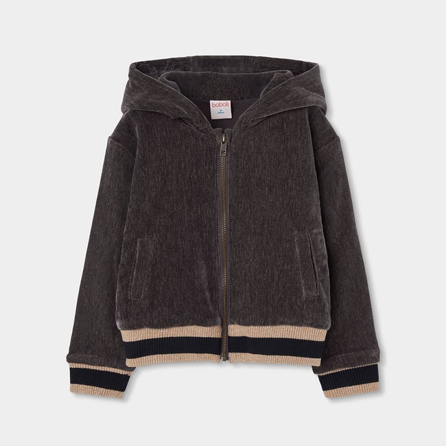 Sweat fille velours à capuche marron <span itemprop=