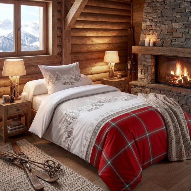 Housse de couette 140x200 + 1 taie coton 57 fils CHALET rouge <span itemprop=