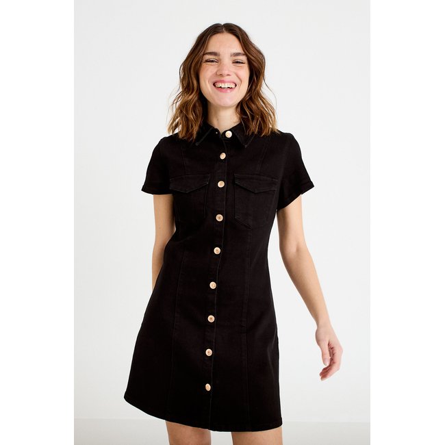 Robe courte trapèze en jean col chemise noir <span itemprop=