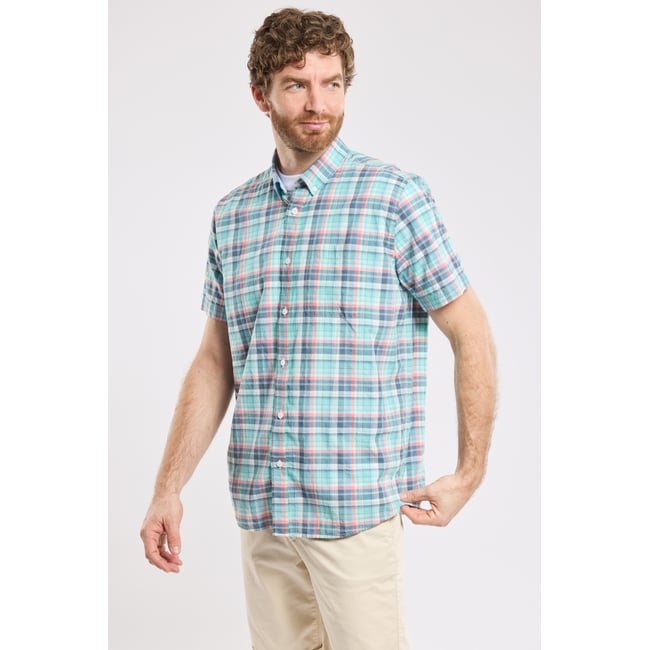 Chemise manches courtes en coton carreaux bubblegum/laguna <span itemprop=