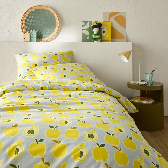 50% Recycled Cotton Bed Set with Rectangular Pillowcase.Pommes, apple print, LA REDOUTE INTERIEURS