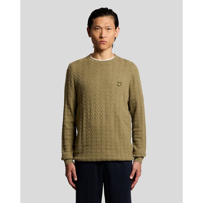 Pull en mélange de lin côtelé col rond vert herbe chiné <span itemprop=