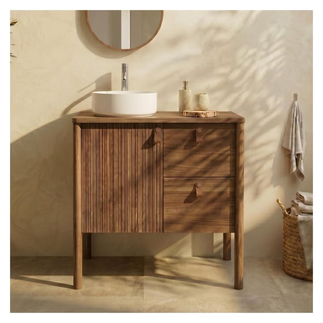 Meuble chêne 80cm sur pieds et vasque céramique blanche JOY - MOB IN
