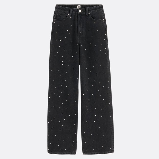 Jean large, taille haute, avec strass noir lavé <span itemprop=