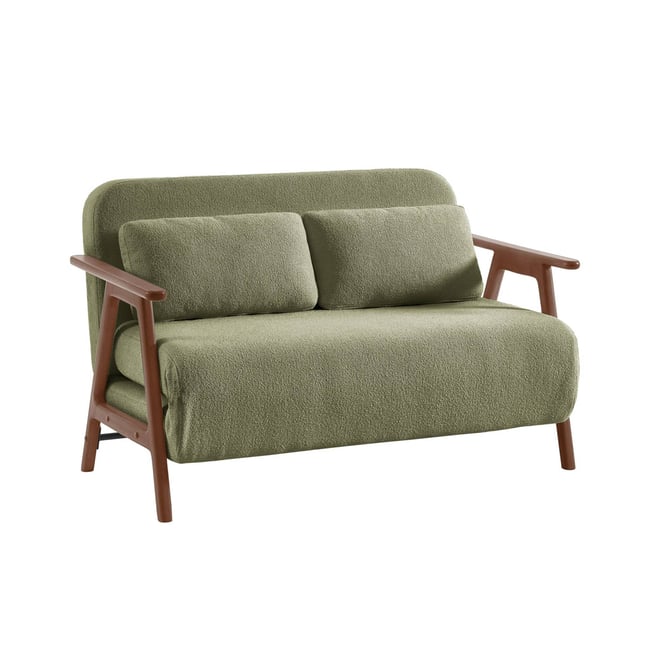 Banquette canapé convertible 2 places bois d'hévéa teinté noyer clair et bouclette texturée SVEN Couleur kaki <span itemprop=