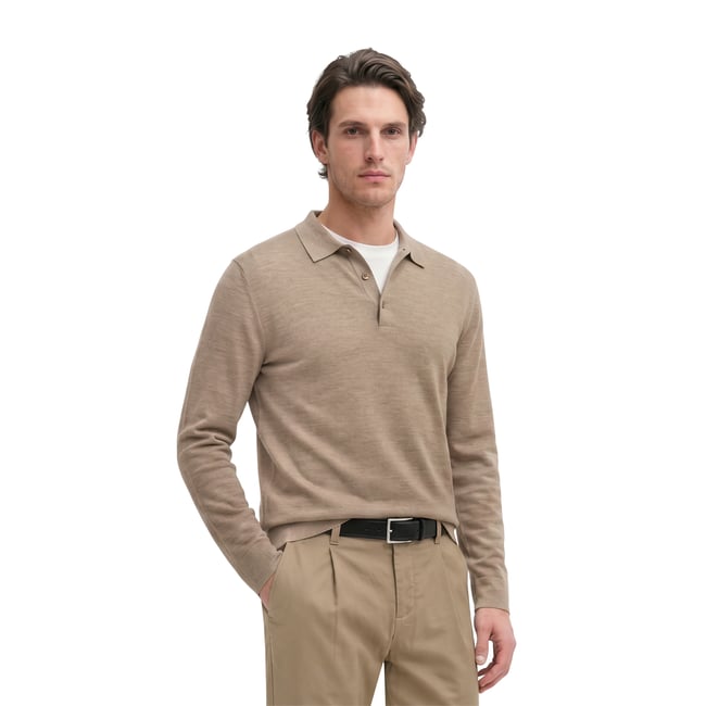 Polo en maille, coupe classique en laine vierge douce beige <span itemprop=