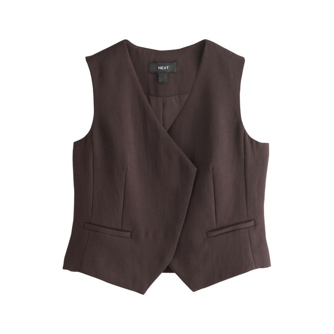 Gilet costume asymétrique effet froissé marron chocolat <span itemprop=