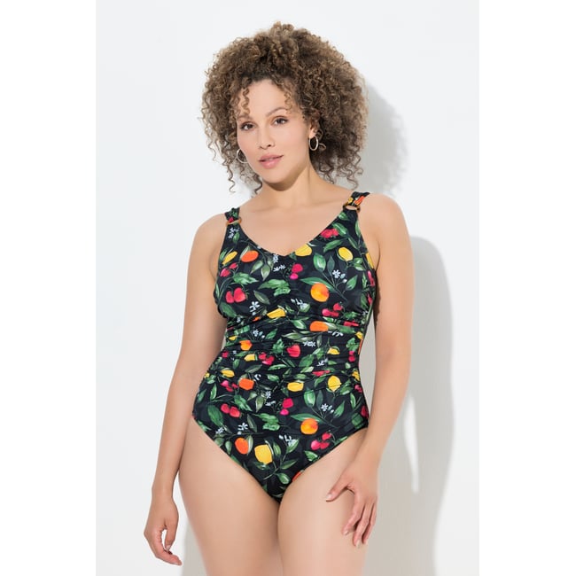 Maillot de bain, motif fruits, fronces noir <span itemprop=