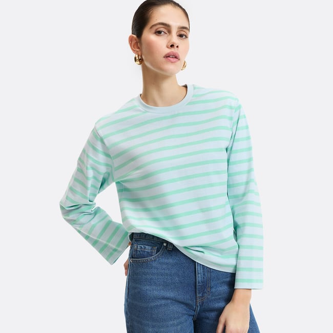 T-shirt loose rayé manches longues en coton rayé bleu vert <span itemprop=