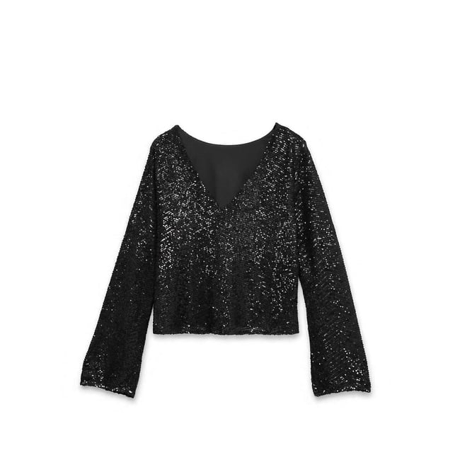 Top manches longues à sequins noir <span itemprop=