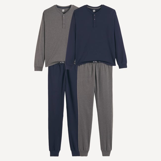 Lot de 2 pyjamas en coton bleu marine + anthracite <span itemprop=