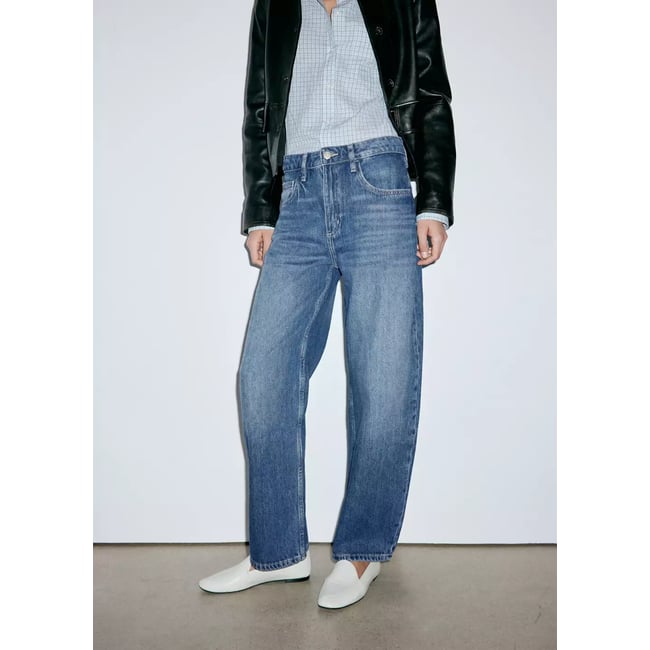 Jean balloon taille haute bleu foncé <span itemprop=