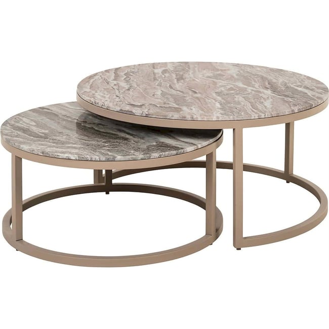 Table basse ronde en marbre Toronto Couleur pierre marbrée beige grisé <span itemprop=