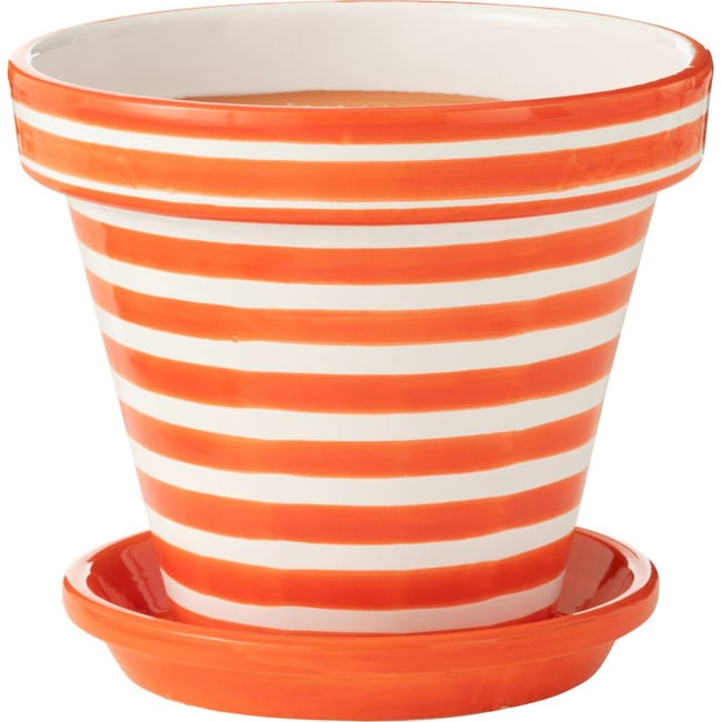 Cache-pot rayé en poterie peinte main Couleur orange et blanc <span itemprop=