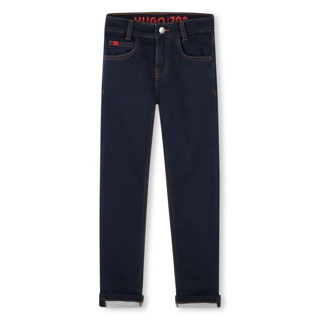 Pantalon denim à cinq pcohes avec sigle au dos rinse wash <span itemprop=