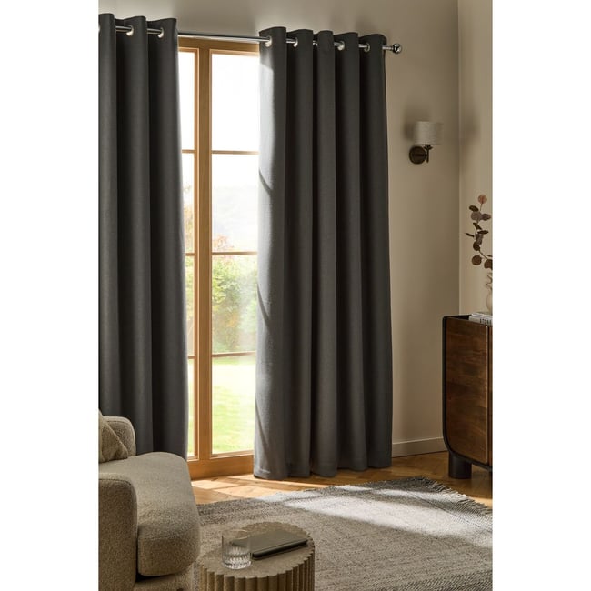 Rideaux doublés en lin mélangé tissé et doux gris anthracite <span itemprop=