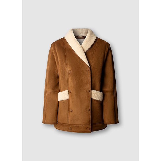 Manteau bi-matière en suédé et sherpa beige <span itemprop=