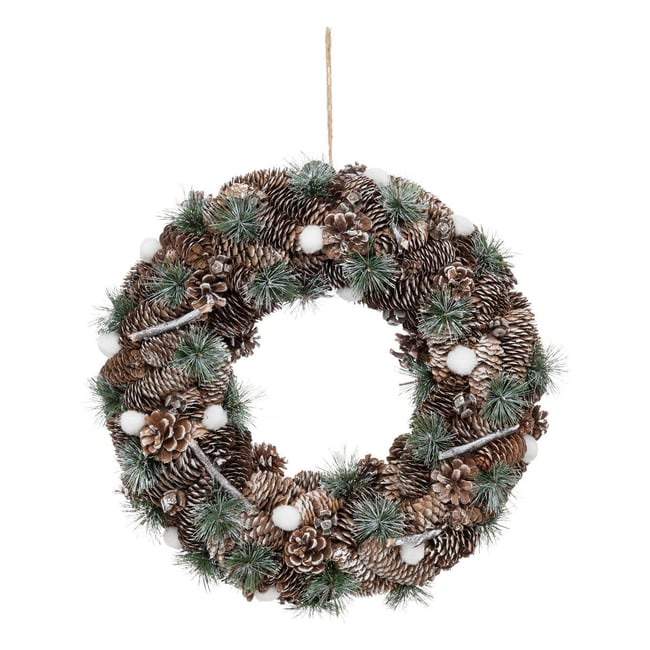 Couronne avec pommes de pin et branches pailletées 50 cm Couleur marron <span itemprop=