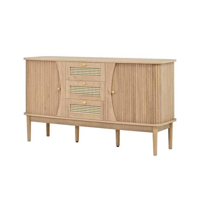 Armoire de rangement avec 2 portes 4 couches et 3 tiroirs ovale style scandinave, KIMIA Armoire Couleur chêne <span itemprop=