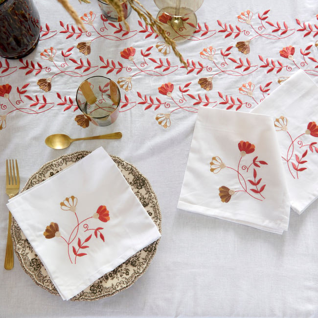 Lot de 2 serviettes de table Floressa - Coton lavé brodé blanc <span itemprop=